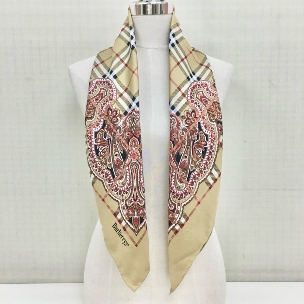 Burberrys Tan and Red Nova Check and Paisley Silk Scarf - Picture 7 of 8